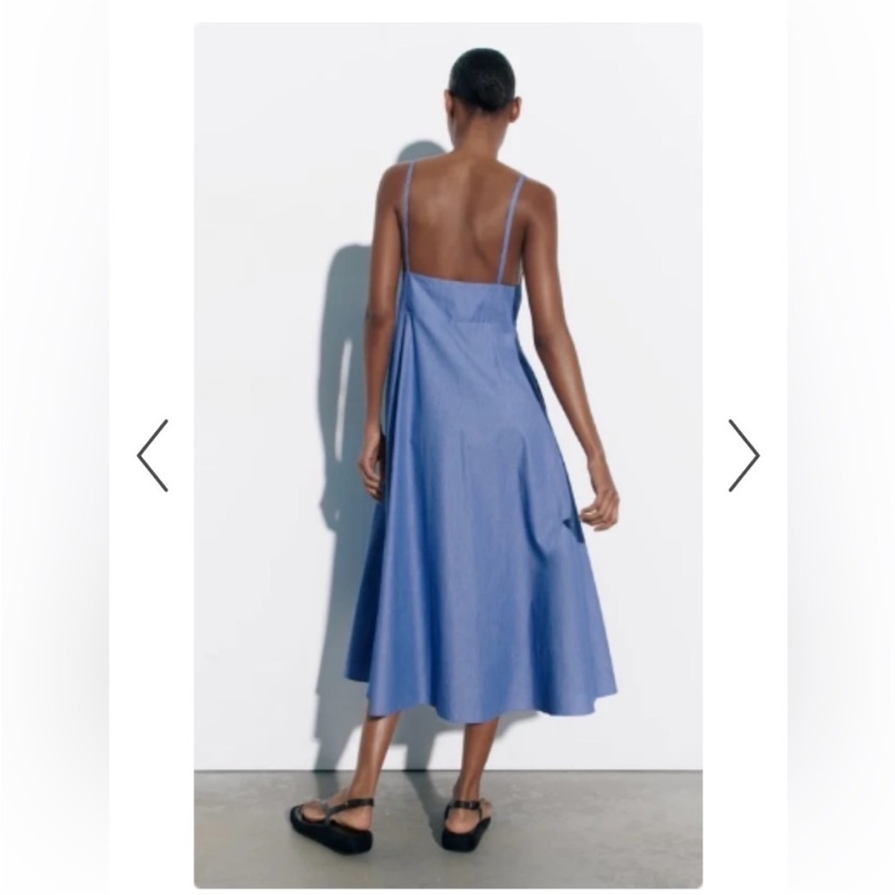 Zara Poplin Pinstripe Blue Midi Dress Pockets Sz M - Picture 3 of 14